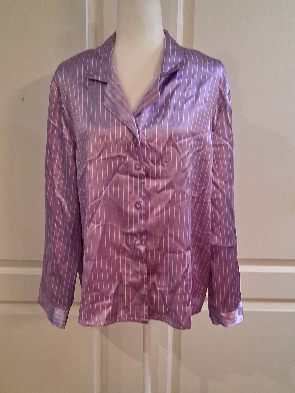Purple Striped Satin Button-Front Women's Top